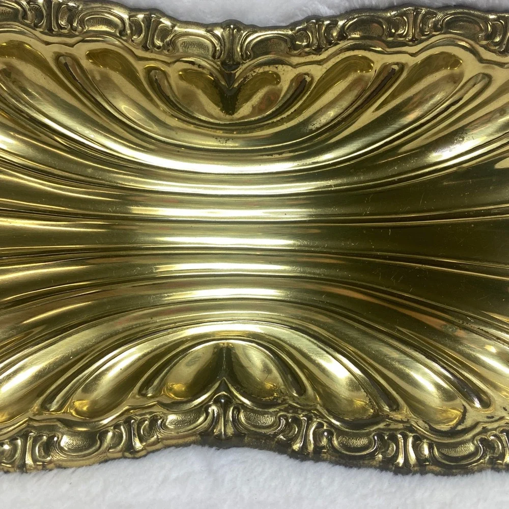 Vintage‎ Gold Tone Ornate Metal Trinket Dish Jewelry Serving Tray Vanity Decor